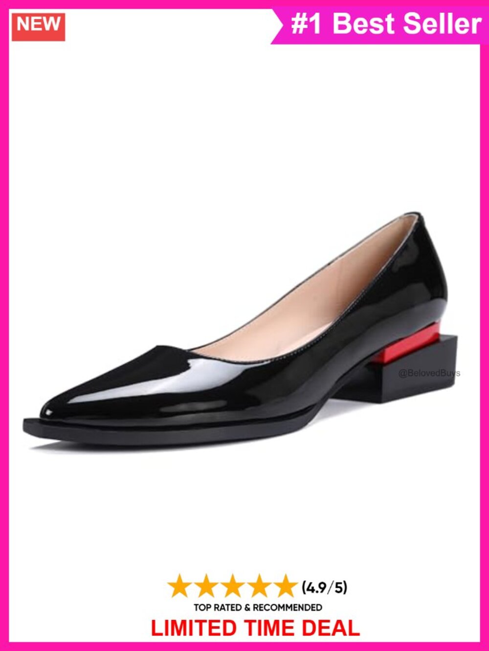 Women's Patent Faux Leather Chunky Heel Pointed Toe Pumps with Arch Support